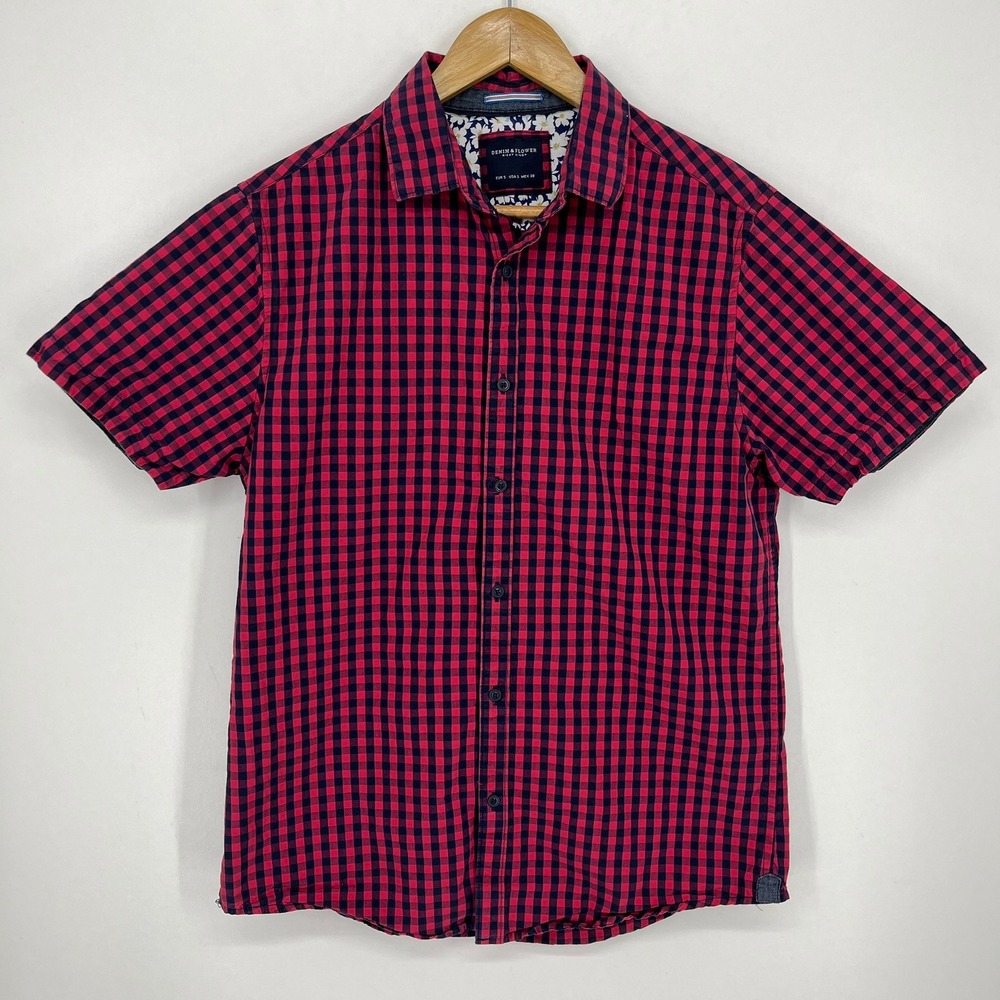 Denim & Flower Mens Red Navy Gingham Plaid Short Sleeve Button Down Shirt Small
